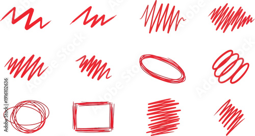 Collection of red scribble and doodle shapes