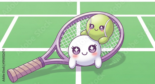 Cute Cartoon Character with Tennis Racket and Ball on Green Tennis Court