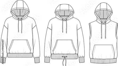 Unisex Oversized Hoodie and Sleeveless Vest Sweatshirt Fashion Vector Technical Sketch Template Set with Kangaroo Pocket and Drawstring Details