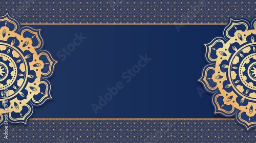 Premium Ramadan background design with a centered gold mandala and navy blue night atmosphere