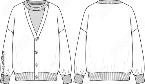 Women Oversized V Neck Button Up Cardigan Sweater Fashion Vector Technical Sketch Template Set Front and Back View for Apparel Design