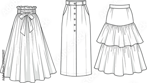 Women Skirt Fashion Vector Technical Sketch Template Set Including Paperbag Waist Maxi Button Down Column and Tiered Ruffle Skirt Designs