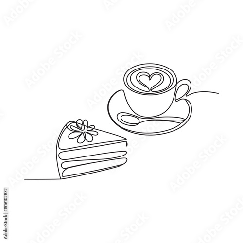 Minimalist line drawing of coffee cup and a slice of decorated cake