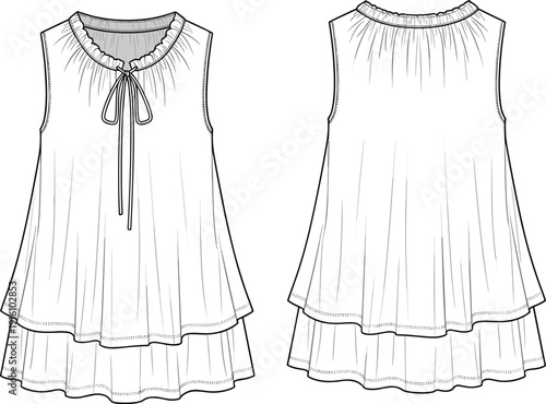 Women Sleeveless Tiered Babydoll Blouse Fashion Vector Technical Sketch Template Set Front and Back View with Ruffled Neckline and Tie