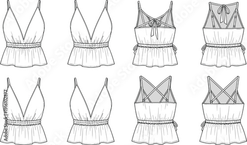 Women V Neck Camisole Peplum Top Fashion Vector Technical Sketch Template Set Front and Back View with Straps and Tie Detail