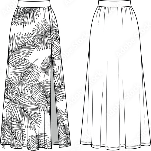Women Summer Maxi Skirt Fashion Vector Technical Sketch Template Set Front and Back View Featuring Tropical Palm Leaf Print and Slit
