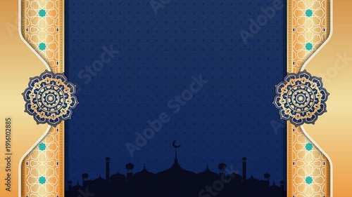Luxury Ramadan mandala background with deep navy blue gradient, glowing golden Islamic mandala ornament, and elegant light shimmer