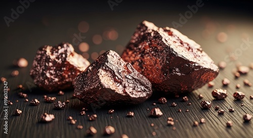 Close-up of raw copper nuggets with a shiny metallic texture and scattered fragments on a dark surface, representing mineral mining and precious metals.