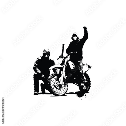 Black and white illustration of a man with a dirt bike in street art style, grunge style, vintage retro style