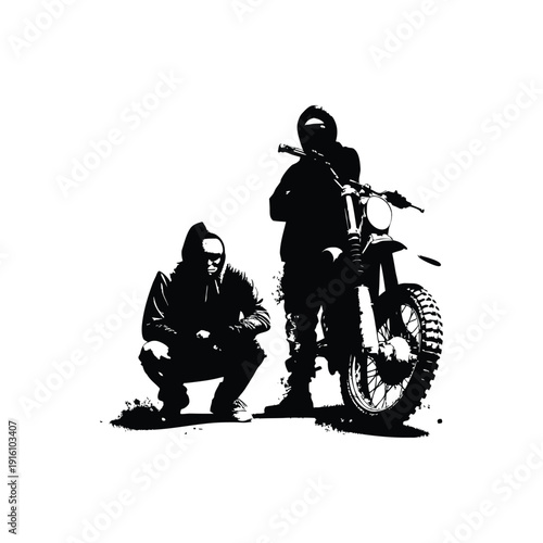 Black and white illustration of a man with a dirt bike in street art style, grunge style, vintage retro style
