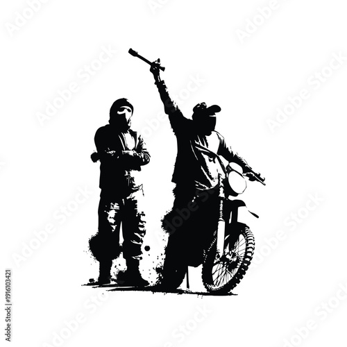 Black and white illustration of a man with a dirt bike in street art style, grunge style, vintage retro style