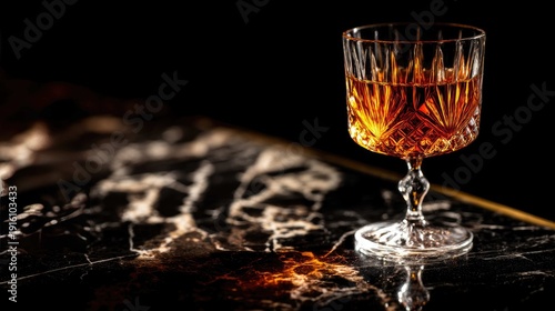 Elegant crystal glass with amber liquor on dark marble countertop showcasing sophistication and luxury in a refined setting