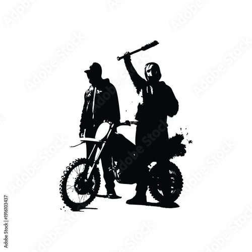 Black and white illustration of a man with a dirt bike in street art style, grunge style, vintage retro style