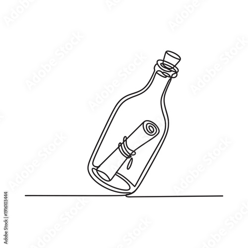 A minimalist line drawing of a message in a bottle illustration