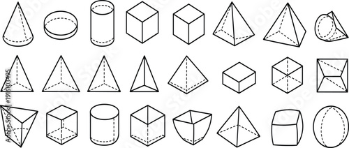 Collection of black and white line of geometric 3 D shapes including cones cylinders cubes pyramids and spheres
