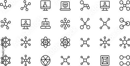 Collection of black line representing molecular structures network connections and digital interfaces on white background