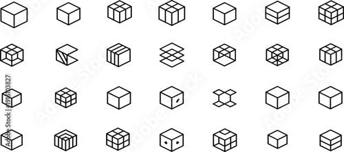 Collection of black outline isometric cube with various internal structures and perspectives
