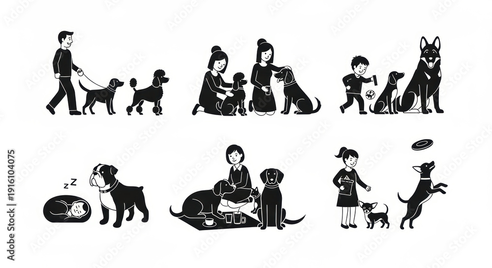 Fototapeta premium Diverse Dog Activities: People Walking, Playing, and Caring for Dogs