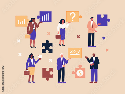 Business professionals collaborating with puzzle pieces and charts seeking solutions