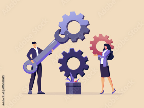 Teamwork and collaboration people adjusting gears to optimize a system