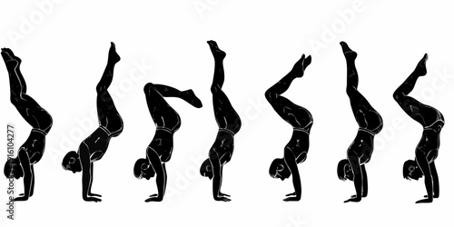 A series of silhouettes demonstrating the progression of a handstand exercise