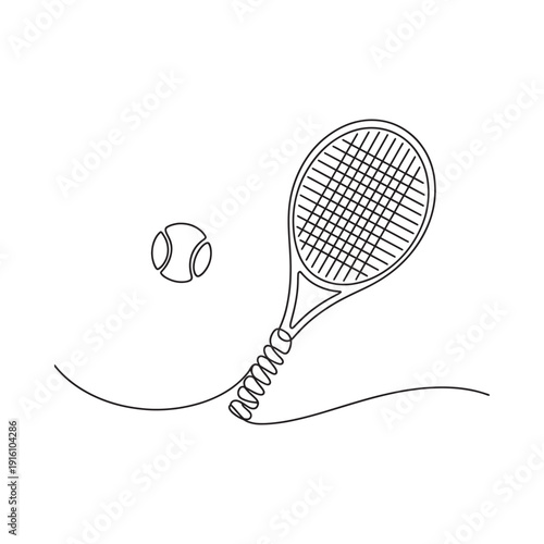 Minimalist line drawing depicts a tennis racket and ball in motion