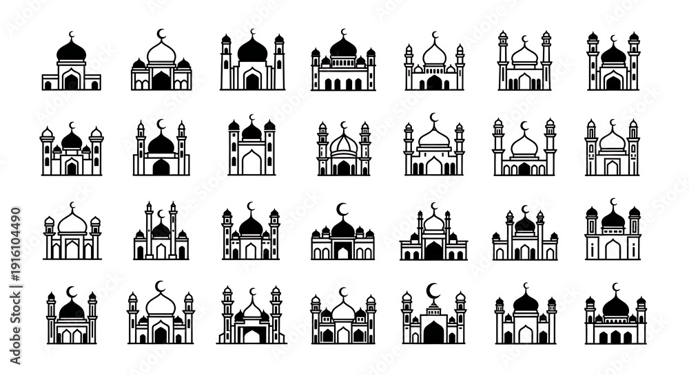Naklejka premium Collection of Mosque Silhouettes in Black and White.