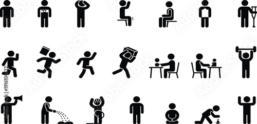 Collection of black stick figure pictograms depicting various human actions and activities
