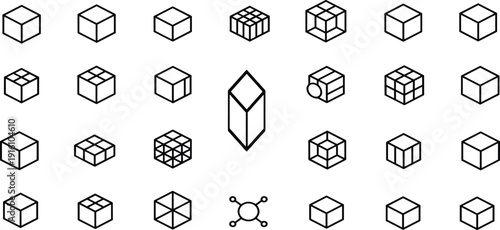 Collection of isometric line cubes and geometric shapes line symbol