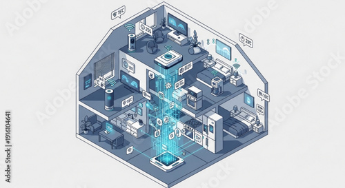 A modern isometric illustration of a futuristic smart home interior with various high-tech devices and gadgets