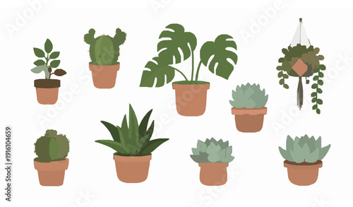Cute doodle houseplants in pots cozy home clipart vector set