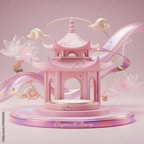 Pink podium in Asian style for product advertising template background object
