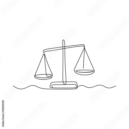 Minimalist line drawing depicts a classic balance scale with two pans