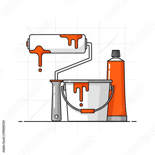 Orange paint roller bucket and tube on white background  painting tools