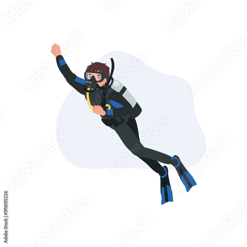 Underwater scuba diver ascending toward surface with wetsuit oxygen tank and flippers