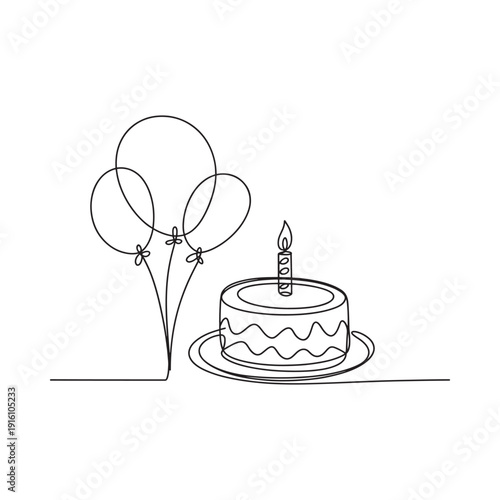 Minimalist line drawing of a birthday cake with balloons and a candle