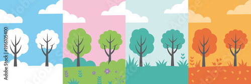 Colorful illustration of trees and clouds in different seasons side by side
