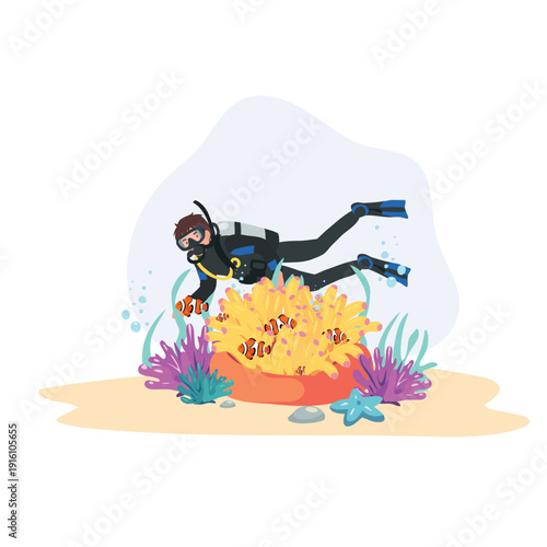 scuba diving underwater coral reef with clownfish and marine life illustration