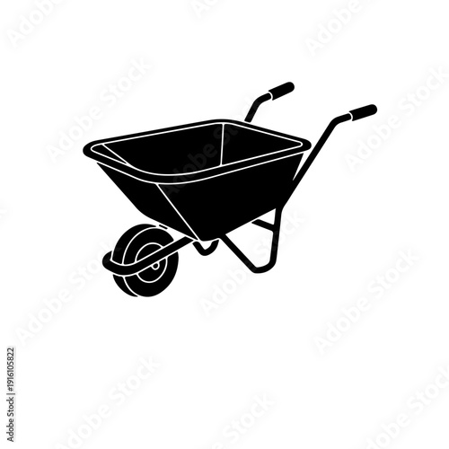 illustration of a wheelbarrow from a front-diagonal angle. This dimensional perspective showcases the interior volume of the tub and the sturdy front wheel, perfect for 3D-style iconography
