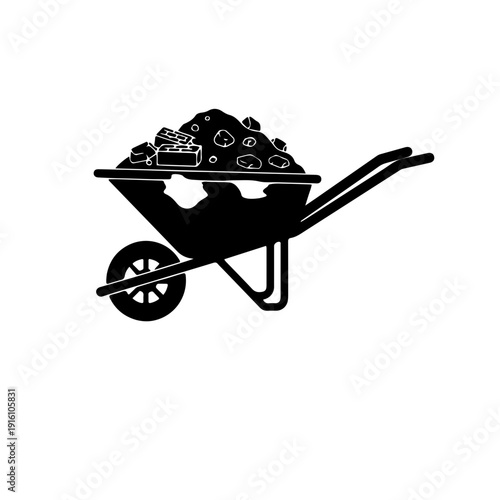 illustration of a classic one-wheeled barrow filled with construction materials like bricks, sand, or gravel. Represents heavy labor, material transport, and active building site work