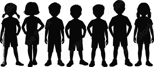 Children standing silhouettes lineup, boys and girls front view together, child group pose vector illustration, isolated black figures, childhood concept set