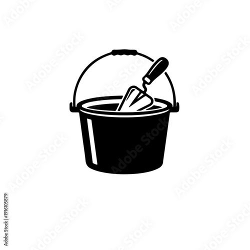 illustration of a heavy-duty masonry bucket with a metal handle and a plastering trowel leaning inside. Perfect for construction, renovation, and building industry branding