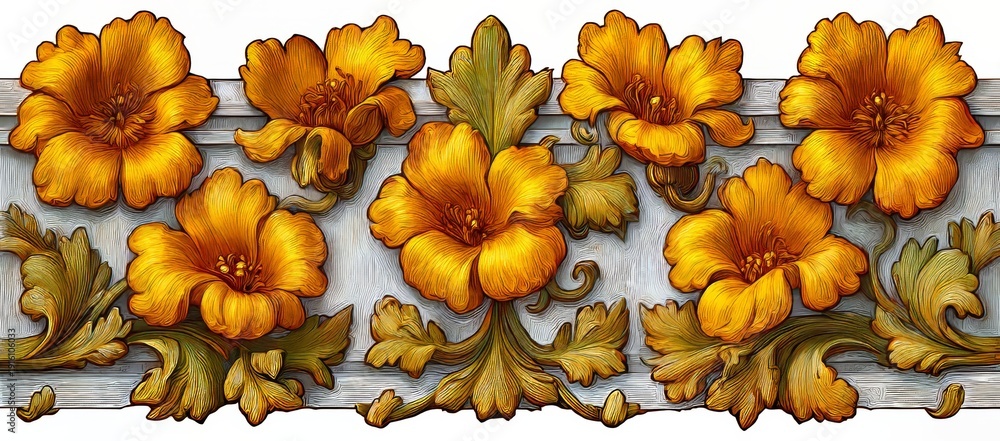 Fototapeta premium A transparent background displays an elegant floral border with shell motifs and gold accents