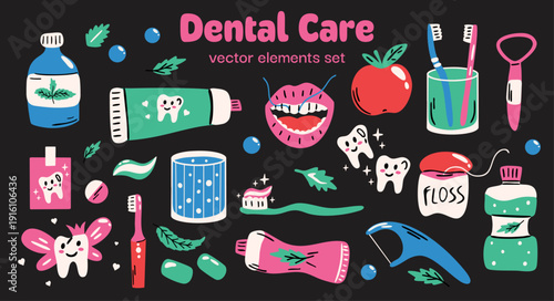 Dental care themed vector sticker elements set. Collection of cute funky illustration of dentist cartoon oral hygiene instruments, healthcare, cleaning tools for healthy teeth