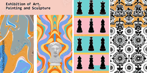 Colorful art exhibition display with chess pieces and abstract patterns
