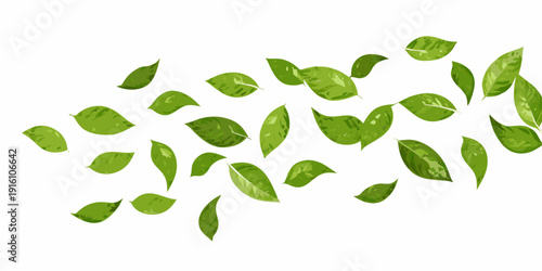 A collection of vibrant green leaves floating in a dynamic airy arrangement