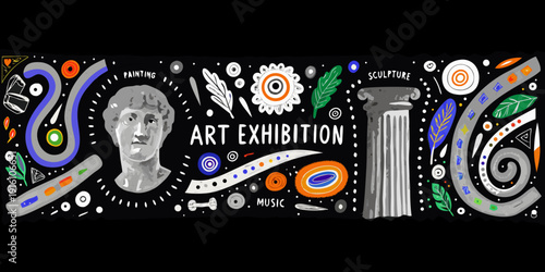 An artistic banner showcasing elements of art music and classical sculpture