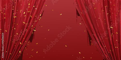 Red velvet curtains with golden confetti create a dramatic stage opening