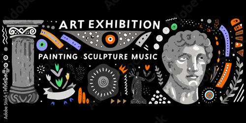 An artistic banner promoting an art exhibition featuring painting sculpture and music
