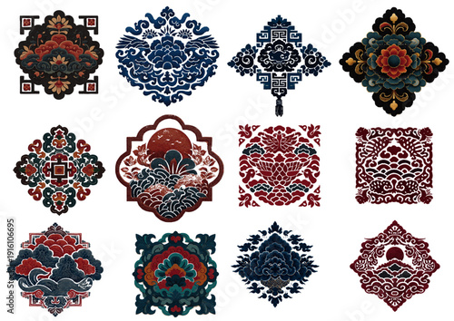Set of 12 traditional Asian vintage embroidery style floral and cloud ornament illustrations (Oriental rank badge icon logo)
(동양의 등급 뱃지 아이콘 로고 - 12종의 전통 아시아 빈티지 자수 스타일 꽃 및 구름 장식 일러스트 세트)